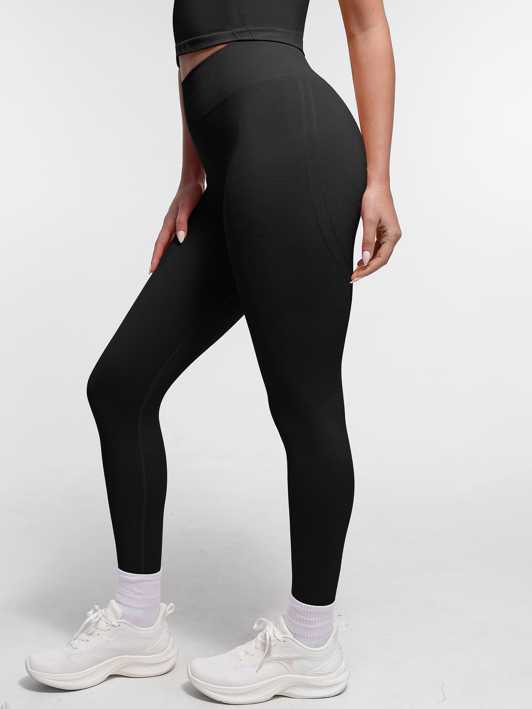 Lya wears Seamless High Waist Yoga Leggings for Women with Double Layer Waistband