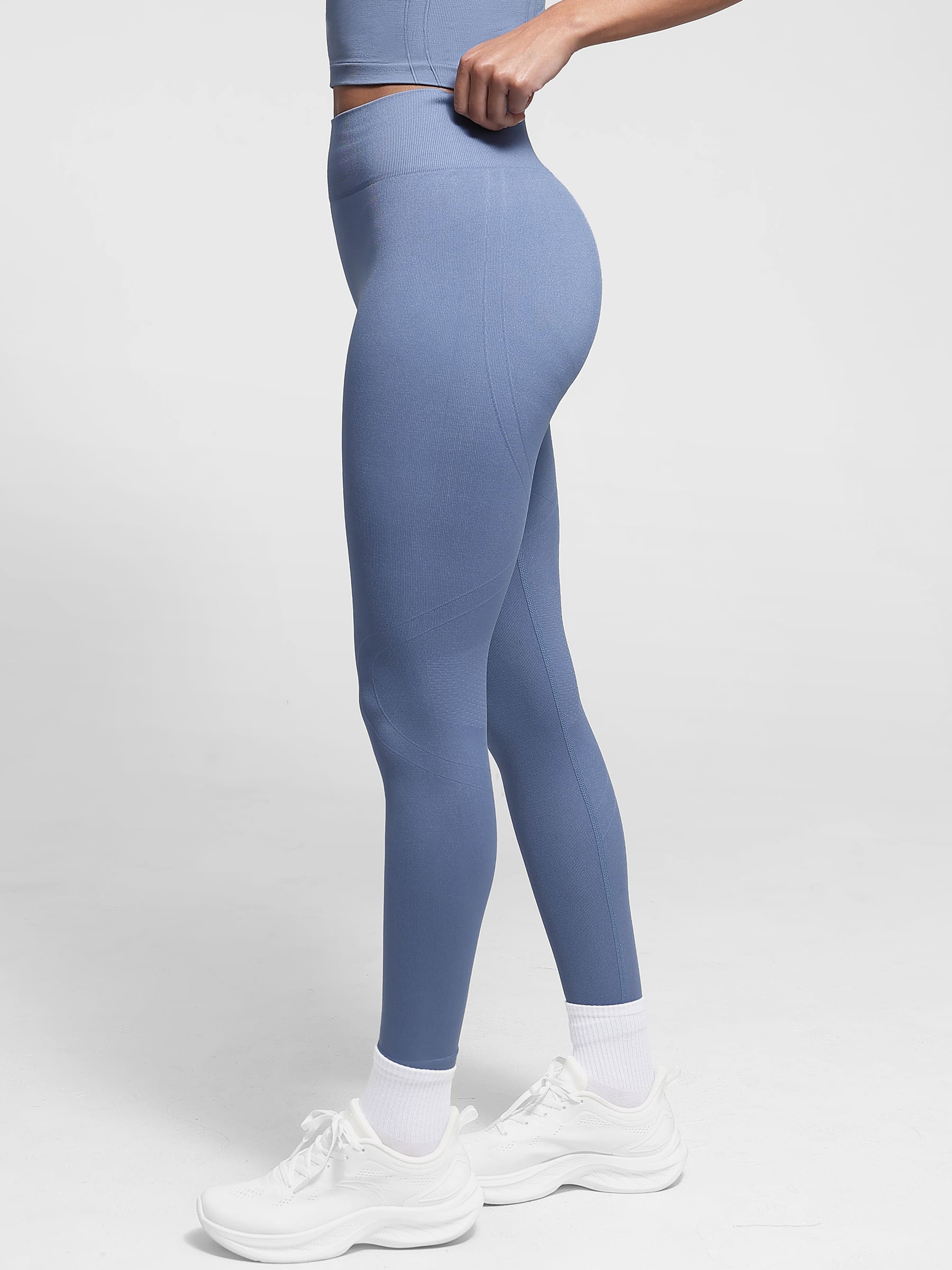 Lya wears Seamless High Waist Yoga Leggings for Women with Double Layer Waistband