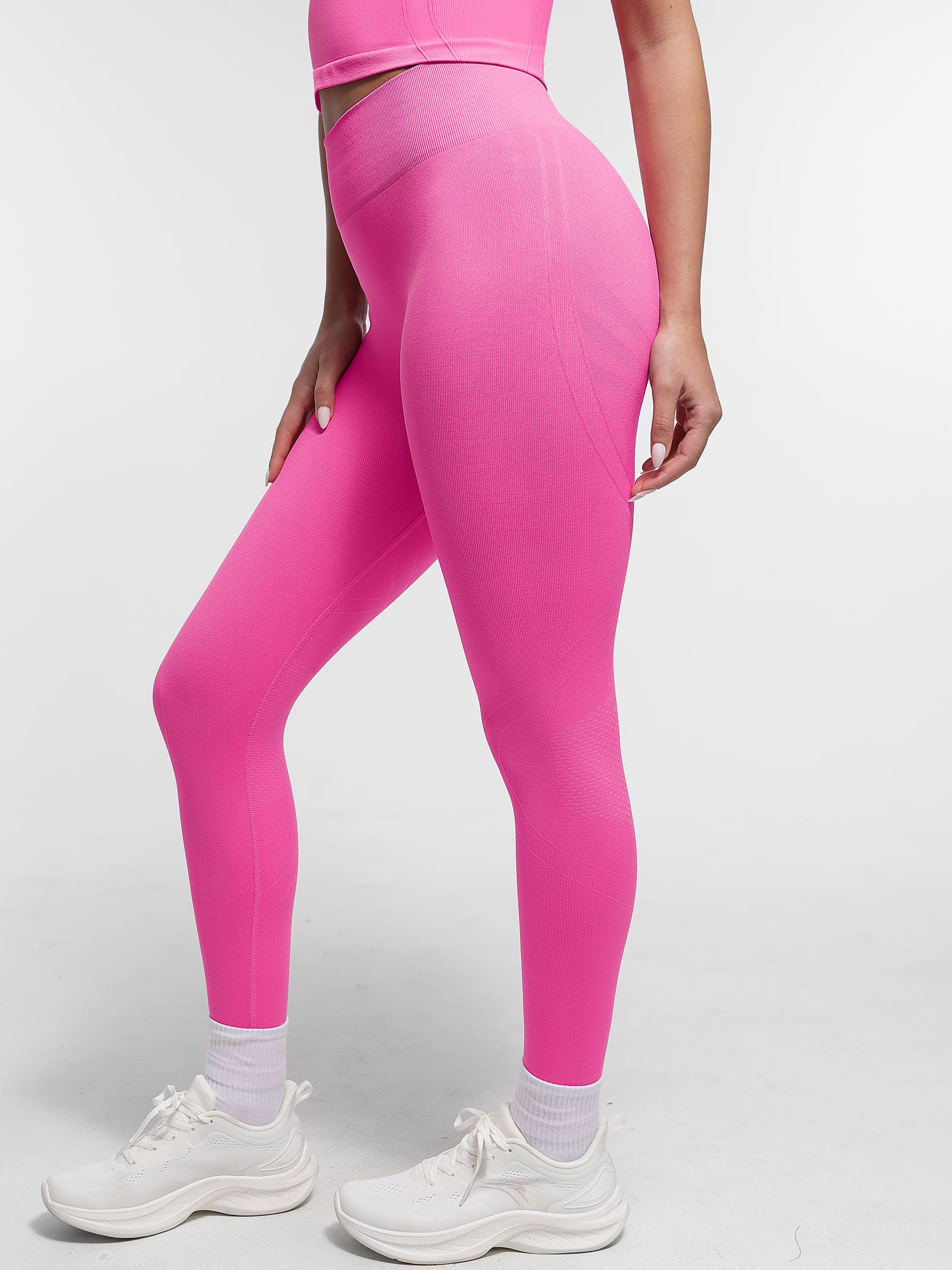 Lya wears Seamless High Waist Yoga Leggings for Women with Double Layer Waistband
